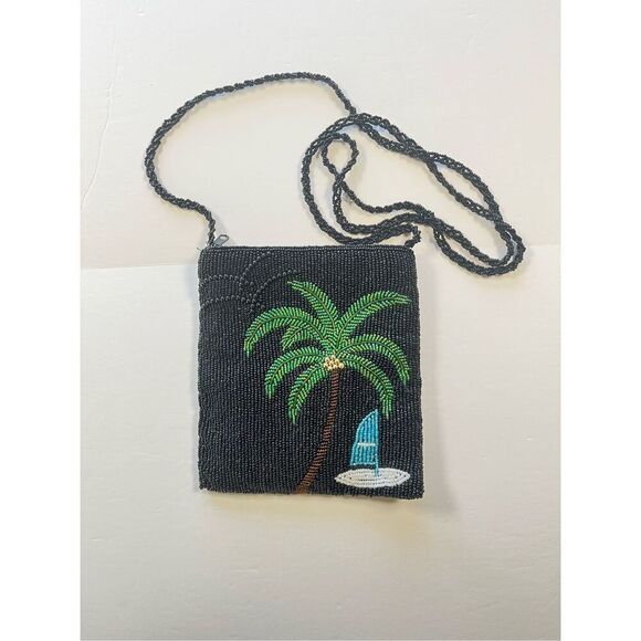 Ermo Full Beaded Palm Tree Sail Boat Crossbody Shoulder Evening Bag Lined Zipper - Picture 1 of 8